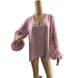 Fashion Collection Pink‎ Blouse with Pom Pom Sleeves V-Neck XL Coquette Girlhood